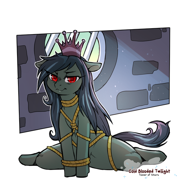 Size: 1200x1200 | Tagged: suggestive, artist:cold-blooded-twilight, derpibooru import, oc, oc:lustrous (shawn keller), bondage, crown, female, frown, guardians of pondonia, image, jewelry, png, pouting, red eyes, regalia, rope, rope bondage, shibari, solo, solo female, spread legs, spreading, villainess