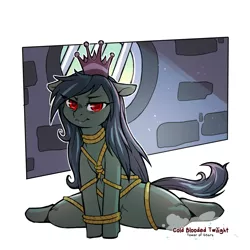 Size: 1200x1200 | Tagged: suggestive, artist:cold-blooded-twilight, derpibooru import, oc, oc:lustrous (shawn keller), bondage, crown, female, frown, guardians of pondonia, image, jewelry, png, pouting, red eyes, regalia, rope, rope bondage, shibari, solo, solo female, spreading, spread legs, villainess