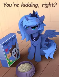 Size: 1500x1963 | Tagged: safe, artist:yakovlev-vad, derpibooru import, princess luna, alicorn, pony, angry, cereal, comic sans, cross-popping veins, cute, female, food, image, luna is not amused, lunabetes, madorable, mare, pet bowl, png, s1 luna, unamused