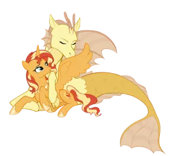 Size: 1550x1400 | Tagged: safe, artist:stummm, derpibooru import, adagio dazzle, sunset shimmer, ponified, alicorn, pony, siren, alicornified, cuddling, equestria girls ponified, female, image, lesbian, png, race swap, shimmercorn, shipping, show accurate, size difference, sunsagio