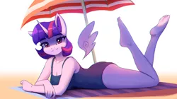 Size: 2000x1117 | Tagged: safe, artist:mrscroup, derpibooru import, twilight sparkle, alicorn, anthro, plantigrade anthro, barefoot, breasts, butt, cleavage, clothes, cute, feet, floating wings, image, jpeg, looking at you, swimsuit, the pose, towel, twiabetes, twibutt, twilight sparkle (alicorn), wings