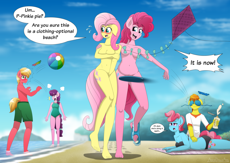 Size: 6750x4800 | Tagged: questionable, artist:aarondrawsarts, derpibooru import, big macintosh, carrot cake, cup cake, fluttershy, pinkie pie, sugar belle, anthro, plantigrade anthro, art pack:buck neighk'd, angry, barefoot, beach, blushing, breasts, busty cup cake, busty fluttershy, busty pinkie pie, clothes, covering, dialogue, distracted boyfriend meme, embarrassed, exhibitionism, eyes on the prize, feet, footprints, image, nudity, panties, panties around legs, panties pulled down, png, public nudity, strategically covered, stripping, swimsuit, underwear