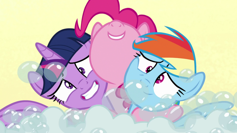 Size: 1920x1080 | Tagged: safe, derpibooru import, screencap, pinkie pie, rainbow dash, twilight sparkle, alicorn, earth pony, pegasus, pony, fame and misfortune, season 7, bubble, female, gritted teeth, image, mare, nose in the air, png, teeth, trio, trio female, we're not flawless