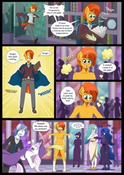 Size: 4070x5760 | Tagged: suggestive, artist:aarondrawsarts, derpibooru import, fancypants, fleur-de-lis, princess celestia, princess luna, sunburst, anthro, art pack:buck neighk'd, blushing, clothes, comic, dialogue, dress, embarrassed, embarrassed nude exposure, fail, gala dress, image, laughing, nudity, png, strategically covered, teleportation, wardrobe malfunction