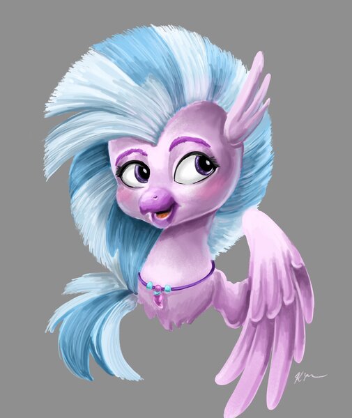 Size: 1725x2048 | Tagged: safe, artist:catscratchpaper, derpibooru import, silverstream, hippogriff, blushing, bust, cute, diastreamies, gray background, image, jewelry, jpeg, necklace, simple background, solo