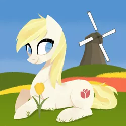 Size: 2800x2800 | Tagged: safe, artist:overthemaginot, derpibooru import, edit, editor:hotkinkajou, oc, oc:aryanne, unofficial characters only, alternate cutie mark, blonde, colored, derpibooru exclusive, female, field, full body, image, lineless, nazi, nazipone, png, tulip, windmill