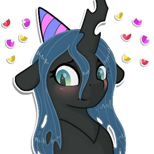 Size: 512x512 | Tagged: safe, artist:llametsul, derpibooru import, queen chrysalis, changeling, changeling queen, pony, blushing, confetti, cute, cutealis, female, hat, image, looking away, mare, party hat, png, shy, simple background, solo, transparent background