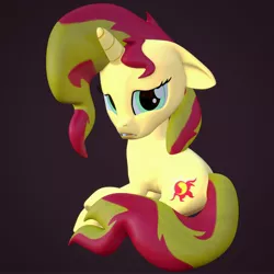 Size: 4000x4000 | Tagged: safe, artist:wissle, derpibooru import, sunset shimmer, pony, unicorn, 3d, absurd resolution, atg 2021, blender, female, image, jpeg, looking at you, looking back, looking back at you, mare, newbie artist training grounds, sad, simple background, sitting, solo