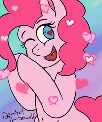 Size: 3000x3600 | Tagged: safe, artist:demitri, derpibooru import, pinkie pie, pony, belly button, heart, heart eyes, image, jpeg, newbie artist training grounds, one eye closed, signature, smiling, solo, wingding eyes
