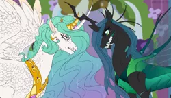 Size: 640x366 | Tagged: safe, artist:dementra369, derpibooru import, princess celestia, queen chrysalis, alicorn, changeling, changeling queen, pony, a canterlot wedding, alternate design, angry, crown, fangs, female, gritted teeth, horn, horns are touching, image, jewelry, png, regalia, scene interpretation, screenshot redraw