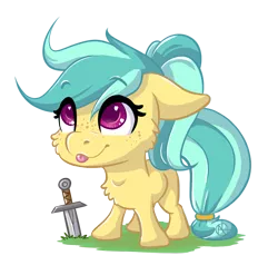 Size: 975x964 | Tagged: safe, artist:klarapl, derpibooru import, oc, oc:karoline skies, unofficial characters only, earth pony, pony, cheek fluff, chest fluff, chibi, eye clipping through hair, eyebrows, eyebrows visible through hair, female, floppy ears, image, png, simple background, solo, sword, tongue out, transparent background, weapon