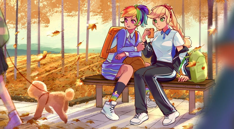 Size: 1776x984 | Tagged: safe, artist:卯卯七, derpibooru import, applejack, rainbow dash, dog, human, appledash, autumn, backpack, basketball, braid, clothes, female, humanized, image, jpeg, juice, juice box, lesbian, ponytail, rainbow socks, scenery, scenery porn, shipping, shoes, sneakers, socks, sports, striped socks, sweet dreams fuel