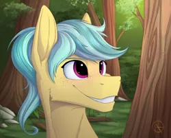 Size: 1024x825 | Tagged: safe, artist:klarapl, derpibooru import, oc, oc:karoline skies, unofficial characters only, earth pony, pony, bust, female, forest, freckles, image, jpeg, mare, portrait, scenery, smiling, solo, tree