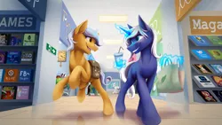 Size: 1920x1080 | Tagged: safe, artist:klarapl, derpibooru import, oc, unofficial characters only, earth pony, pony, unicorn, bag, bendy straw, commission, cup, drinking straw, duo focus, image, jpeg, looking at each other, magic, mall, saddle bag, siblings, smiling, store, telekinesis