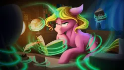 Size: 1024x576 | Tagged: safe, artist:klarapl, derpibooru import, oc, oc:bright star, unofficial characters only, pony, unicorn, book, bookshelf, chair, commission, desk, female, glasses, globe, image, inkwell, jpeg, lidded eyes, magic, mare, quill, quill pen, reading, sitting, solo, telekinesis