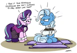 Size: 2500x1719 | Tagged: safe, artist:bobthedalek, derpibooru import, starlight glimmer, trixie, pony, unicorn, annoyed, assistant's outfit, belt, bondage, bow, clothes, cuffs (clothes), dialogue, duo, female, fishnet pantyhose, image, jpeg, magic show, mare, scrunchy face, simple background, straitjacket, trixie is not amused, unamused, white background