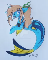 Size: 800x1000 | Tagged: safe, artist:mermaidnerin, derpibooru import, oc, unofficial characters only, hybrid, merpony, seapony (g4), blue eyes, bubble, deviantart watermark, dorsal fin, female, fins, fish tail, image, jpeg, obtrusive watermark, open mouth, simple background, smiling, solo, tail, watermark