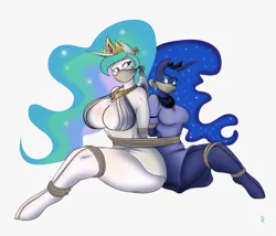 Size: 702x600 | Tagged: suggestive, artist:freehd, derpibooru import, princess celestia, princess luna, alicorn, anthro, human, pony, big breasts, bondage, breasts, captive, damsel in distress, differently-sized breasts, distressed, gag, hostage, huge breasts, humanized, image, otn gag, png, tied up