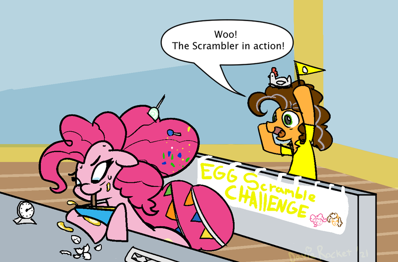 Size: 1247x820 | Tagged: safe, artist:davierocket, derpibooru import, cheese sandwich, pinkie pie, bird, chicken, baking, banner, bowl, cheering, determined, egg, eggshell, flag, image, mixing bowl, natg 2021, older, older cheese sandwich, older pinkie pie, png, sweat, text