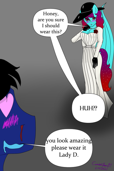 Size: 467x700 | Tagged: safe, artist:lullabyjak, derpibooru import, oc, oc:crimson rose, oc:galaxy nebula, anthro, bat pony, pegasus, blood, clothes, cosplay, costume, image, lady dimitrescu, nosebleed, png