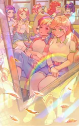 Size: 2280x3661 | Tagged: safe, artist:w33484365, artist:卯卯七, derpibooru import, applejack, fluttershy, pinkie pie, rainbow dash, rarity, sci-twi, sunset shimmer, tank, twilight sparkle, equestria girls, anime, appledash, applejack's hat, boots, bus, camera, christmas, clothes, converse, cowboy hat, cupcake, cutie mark, cutie mark on clothes, falling leaves, female, flarity, food, freckles, hat, holiday, human coloration, image, jpeg, leaves, lesbian, lighting, matching bracelets, rainbow, reading, scenery, scenery porn, school bus, shipping, shoes, shorts, skirt, sneakers, snow, snowfall, socks