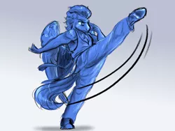 Size: 1024x768 | Tagged: safe, artist:miyathegoldenflower, derpibooru import, flash sentry, anthro, unguligrade anthro, gradient background, image, jpeg, kick, limited palette, male, martial arts, roundhouse kick