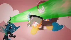 Size: 1271x720 | Tagged: safe, artist:disneyfanatic2364, derpibooru import, discord, queen chrysalis, changeling, changeling queen, draconequus, fanfic:daughter of discord, cloud, dodge, energy, energy blast, fangs, female, fight, flying, image, laser, male, png, red background, simple background, youtube link