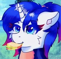 Size: 3012x2914 | Tagged: safe, artist:legionsunite, derpibooru import, oc, oc:magenta pulse, pony, unicorn, female, food, image, jpeg, mare, ponytail, sandwich, solo