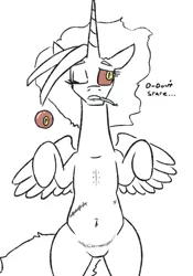 Size: 496x708 | Tagged: safe, artist:jargon scott, derpibooru import, oc, oc:dyx, unofficial characters only, alicorn, earth pony, pony, belly button, black and white, cigarette, female, glass eye, grayscale, image, mare, missing eye, monochrome, neo noir, older, older dyx, overhead view, partial color, png, scar, simple background, solo, white background
