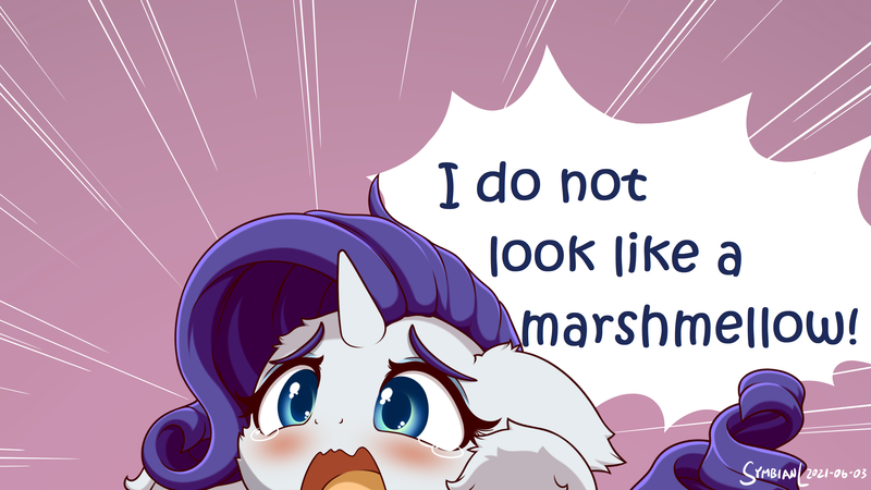 Size: 3200x1800 | Tagged: safe, artist:symbianl, derpibooru import, rarity, adorable distress, blatant lies, cute, food, image, marshmallow, marshmelodrama, png, rarity being rarity