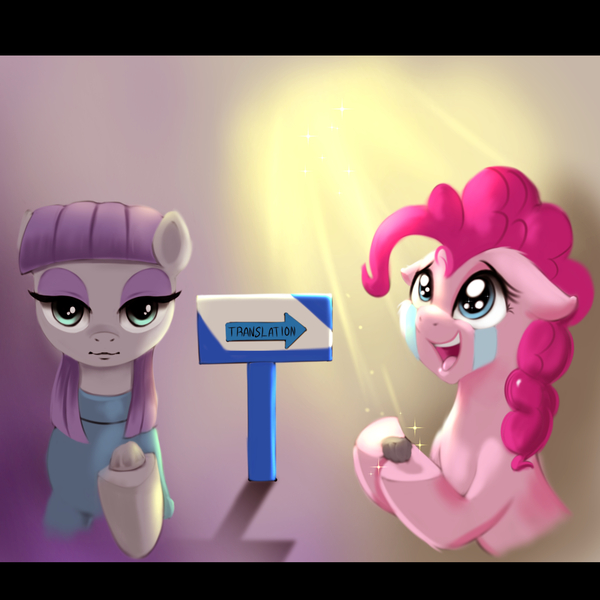 Size: 2000x2000 | Tagged: safe, artist:darksly, derpibooru import, maud pie, pinkie pie, earth pony, pony, atg 2021, image, jpeg, newbie artist training grounds, open mouth, rock