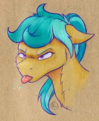 Size: 2322x2830 | Tagged: safe, artist:klarapl, derpibooru import, oc, oc:karoline skies, unofficial characters only, pony, ambiguous race, bust, chest fluff, female, floppy ears, freckles, image, jpeg, mare, portrait, raspberry, tongue out, traditional art