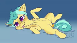 Size: 4000x2250 | Tagged: safe, artist:klarapl, derpibooru import, oc, oc:karoline skies, unofficial characters only, earth pony, pony, belly, chest fluff, cute, ear fluff, female, image, jpeg, lying down, mare, ocbetes, on back, smiling, solo, tail wrap, tongue out