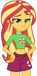 Size: 1024x2089 | Tagged: safe, artist:emeraldblast63, derpibooru import, sunset shimmer, human, equestria girls, belly button, board shorts, clothes, clothes swap, female, green topwear, hands on hip, happy, image, lidded eyes, lifeguard, long hair, looking at you, midriff, png, purple bottomwear, shorts, smiling, swimsuit swap, teal eyes, tomboy, two toned hair