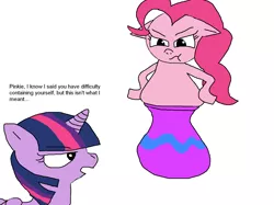 Size: 2000x1497 | Tagged: safe, artist:blazewing, derpibooru import, pinkie pie, twilight sparkle, alicorn, earth pony, angry, belly, drawpile, eyebrows, eyebrows visible through hair, hooves on hips, image, newbie artist training grounds, png, puffy cheeks, simple background, stuck, text, too fat to fit, unamused, vase, white background