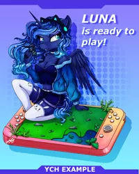 Size: 2000x2500 | Tagged: safe, artist:stainedglasslh, artist:stainedglasslighthea, derpibooru import, princess luna, alicorn, anthro, gamer luna, belly button, cat socks, choker, clothes, commission, female, headphones, hoodie, image, midriff, nintendo, nintendo switch, png, shorts, socks, solo, stockings, tanktop, thigh highs, ych example, your character here