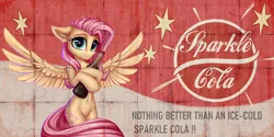 Size: 3000x1504 | Tagged: safe, alternate version, artist:setharu, derpibooru import, fluttershy, pegasus, pony, semi-anthro, fallout equestria, bipedal, cute, daaaaaaaaaaaw, drink, female, high res, image, looking at you, mare, nuka cola, open mouth, png, poster, shyabetes, smiling, smiling at you, soda, solo, sparkle cola, spread wings, wings