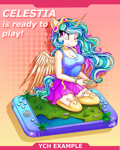 Size: 2000x2500 | Tagged: safe, artist:stainedglasslh, artist:stainedglasslighthea, derpibooru import, princess celestia, alicorn, anthro, breasts, cat socks, choker, clothes, commission, crown, female, headphones, image, jewelry, nintendo, nintendo switch, one eye closed, png, regalia, skirt, socks, solo, stockings, tanktop, thigh highs, wink, wristband, ych example, your character here