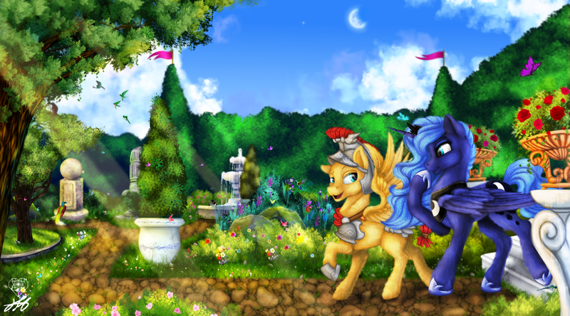 Size: 2700x1500 | Tagged: safe, artist:stainedglasslighthea, derpibooru import, flash magnus, princess luna, alicorn, bird, hummingbird, pegasus, pony, armor, bush, cloud, commission, crepuscular rays, crown, duo, fanfic art, female, flower, garden, helmet, hoof shoes, image, jewelry, male, mare, open mouth, png, raised hoof, raised leg, regalia, sky, stallion, tree, water fountain