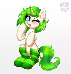 Size: 3697x3853 | Tagged: safe, artist:confetticakez, derpibooru import, oc, oc:vinyl mix, unofficial characters only, pony, unicorn, blushing, clothes, commission, ear fluff, eyebrows, eyebrows visible through hair, female, high res, image, looking at you, mare, one eye closed, open mouth, png, simple background, sitting, smiling, smiling at you, socks, solo, striped socks, white background, wink, winking at you