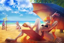 Size: 1718x1146 | Tagged: suggestive, artist:andrey izmailov, artist:limreiart, derpibooru import, oc, unofficial characters only, anthro, pegasus, unguligrade anthro, unicorn, zebra, beach, beach chair, bedroom eyes, bikini, breasts, chair, clothes, collaboration, female, female focus, image, male, ocean, palm tree, png, scenery, solo focus, sports, swimsuit, tree, umbrella, underhoof, volleyball, volleyball net, water