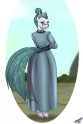 Size: 2000x3000 | Tagged: safe, artist:wolfmask, derpibooru import, cloudy quartz, anthro, glasses, image, long dress, looking at you, looking back, png, tail