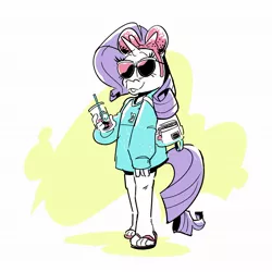 Size: 1817x1817 | Tagged: safe, artist:kylesmeallie, derpibooru import, rarity, anthro, plantigrade anthro, pony, clothes, disneyland, drink, female, image, jpeg, mare, mouse ears, purse, sandals, simple background, solo, sunglasses, sweater, white background