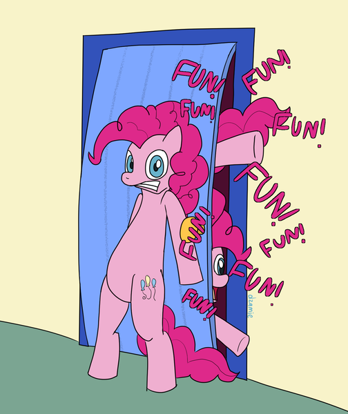 Size: 1409x1677 | Tagged: safe, artist:dzamie, derpibooru import, pinkie pie, earth pony, pony, too many pinkie pies, bipedal, bipedal leaning, clone, colored, digital art, door, female, fun fun fun, image, leaning, multeity, pinkie clone, png, solo, too much pink energy is dangerous