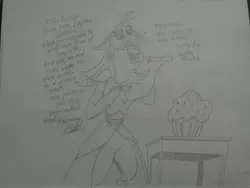 Size: 2592x1944 | Tagged: safe, artist:princebluemoon3, derpibooru import, captain celaeno, anthro, bird, parrot, parrot pirates, series:celaeno and the muffin, my little pony: the movie, dialogue, female, food, grayscale, image, implied pinkie pie, implied rainbow dash, jpeg, letter, monochrome, muffin, paper, pirate, reading, sequence, sketch, solo, solo female, table, this will end in weight gain, traditional art, weight gain sequence