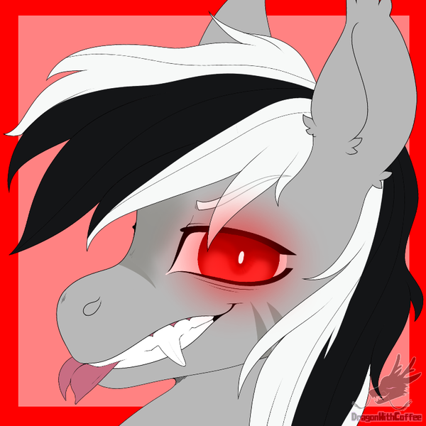 Size: 768x768 | Tagged: safe, alternate version, artist:dragonwithcoffee, derpibooru import, oc, oc:stormdancer, bat pony, vampire, vampony, bat pony oc, bat wings, bust, cute, dark form tier 2, fangs, forked tongue, grin, image, png, portrait, red eyes, smiling, tongue out, wings