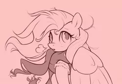 Size: 1817x1248 | Tagged: safe, artist:nookprint, derpibooru import, fluttershy, pegasus, pony, clothes, image, jpeg, monochrome, red background, redscale, scarf, simple background, solo, visible breath, wind, windswept mane