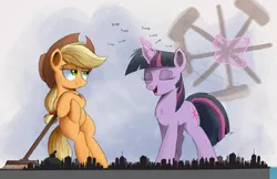 Size: 3000x1947 | Tagged: safe, artist:ncmares, derpibooru import, edit, applejack, pinkie pie, twilight sparkle, pony, the saddle row review, broom, giant pony, image, macro, mega, observatory, png, sweeping