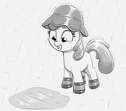 Size: 3184x2796 | Tagged: safe, artist:heretichesh, derpibooru import, apple bloom, pony, boots, clothes, female, filly, grayscale, hat, image, monochrome, png, puddle, rain, rain boots, shoes, solo, wet