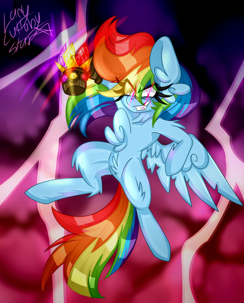 Size: 1280x1595 | Tagged: safe, artist:ladylullabystar, derpibooru import, rainbow dash, pony, image, infinity gauntlet, jpeg, solo